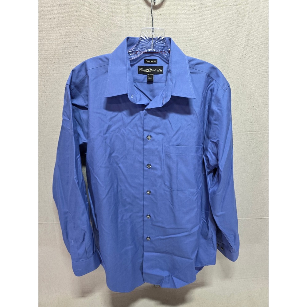 Pronto Uomo Mens Non Iron Dress Shirt Blue 100% Cotton 16 32/33 Long Sleeve